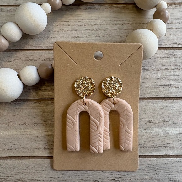 Handmade Blush Pink Arch Earrings with Gold Textured Studs | Boho Jewelry - Picture 1 of 5